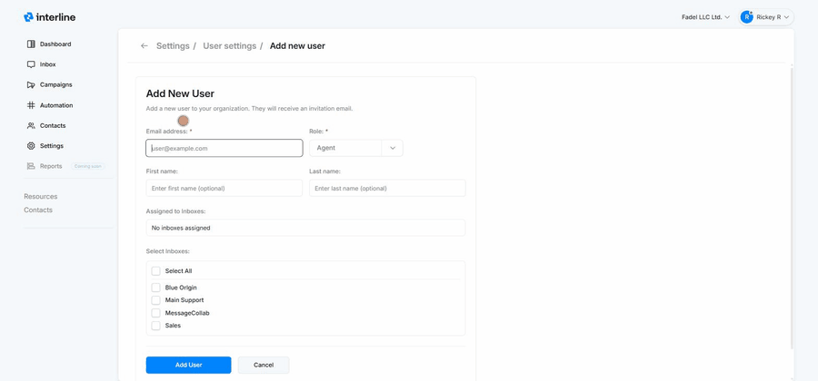 Adding a new user: email, role, name, and inbox assignment