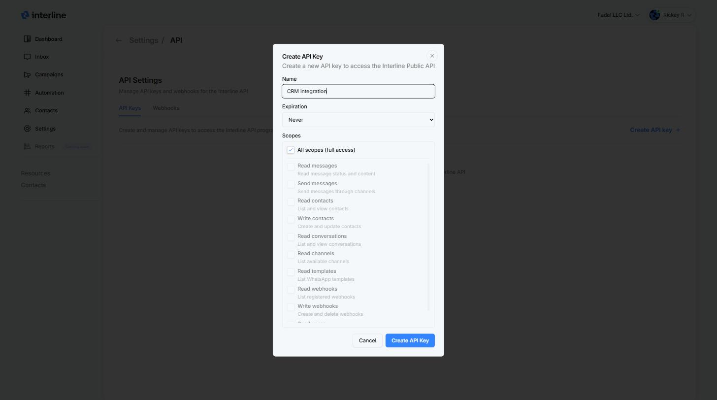 Create API key dialog with name, expiration, and scopes