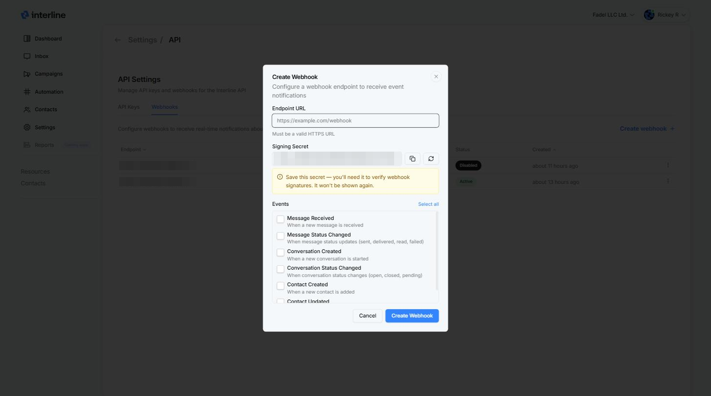 Create webhook dialog with endpoint URL, signing secret, and events