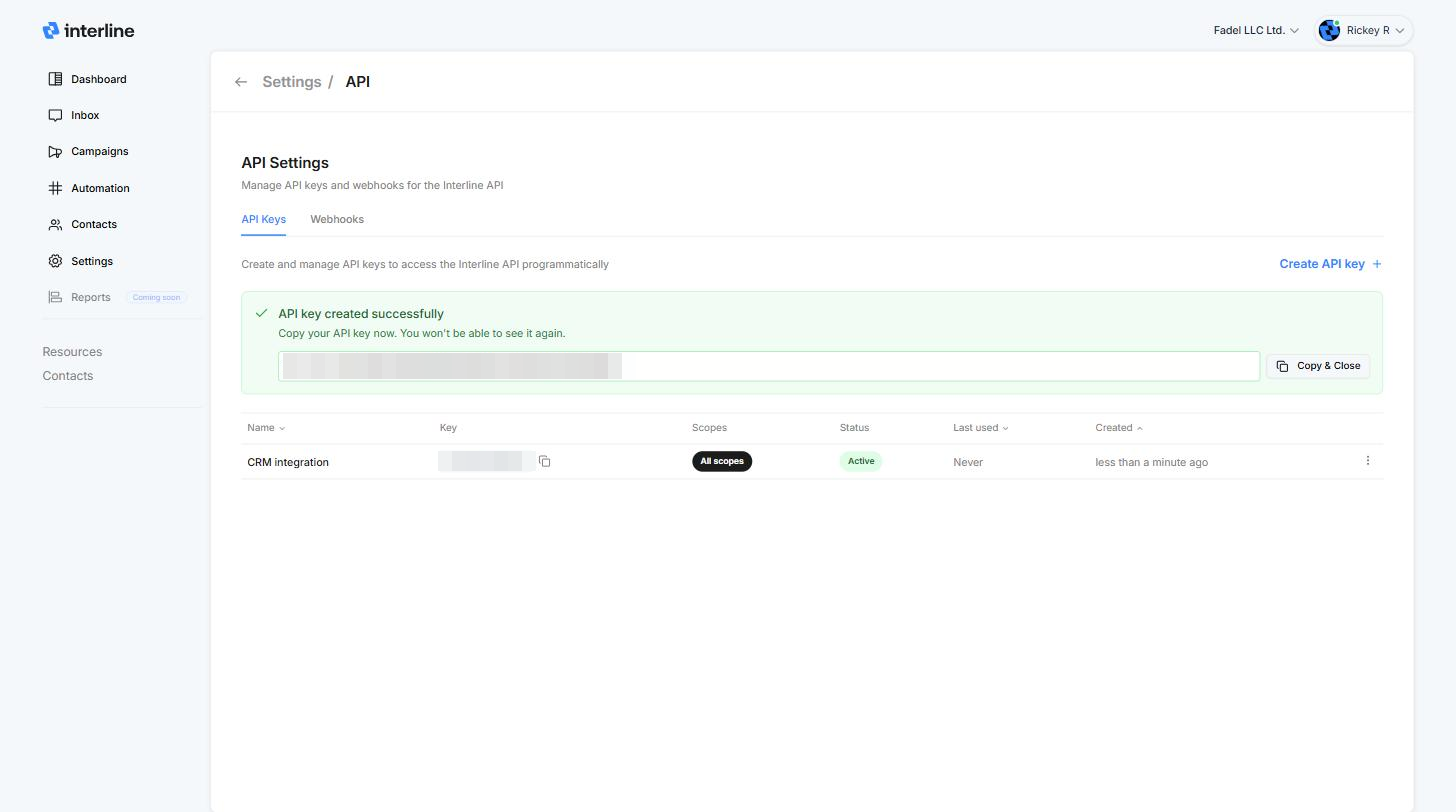API key created — copy it now, it won't be shown again