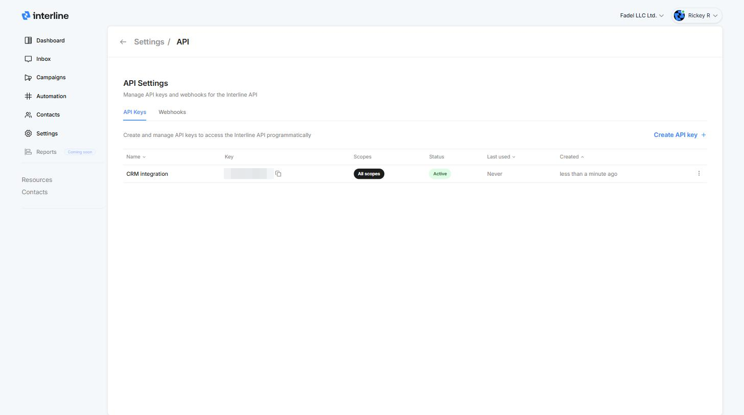 API keys list showing scopes, status, and last used