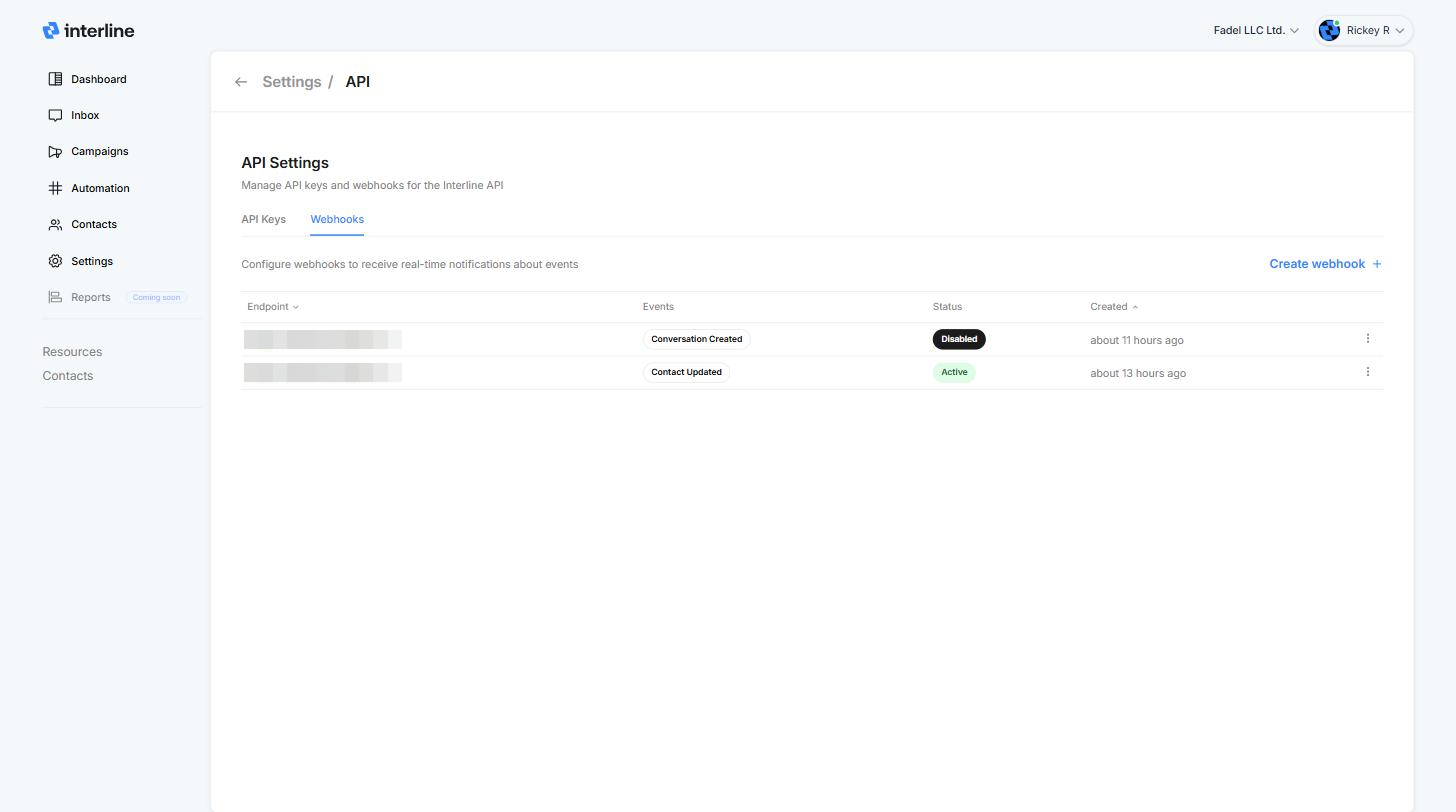 Webhooks tab listing endpoints, events, and status