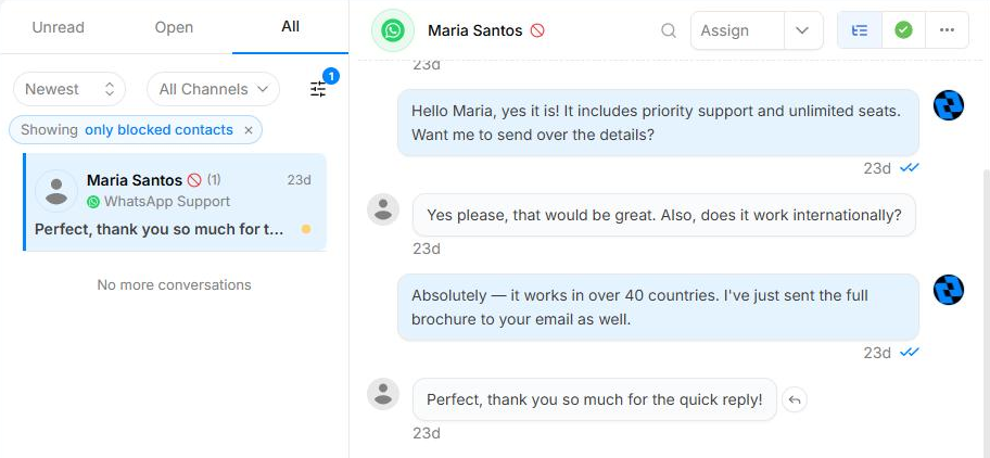 The conversation list filtered to blocked conversations