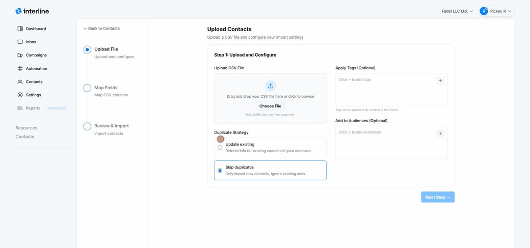 Import step 1: upload a CSV, set tags, audiences, and duplicate strategy