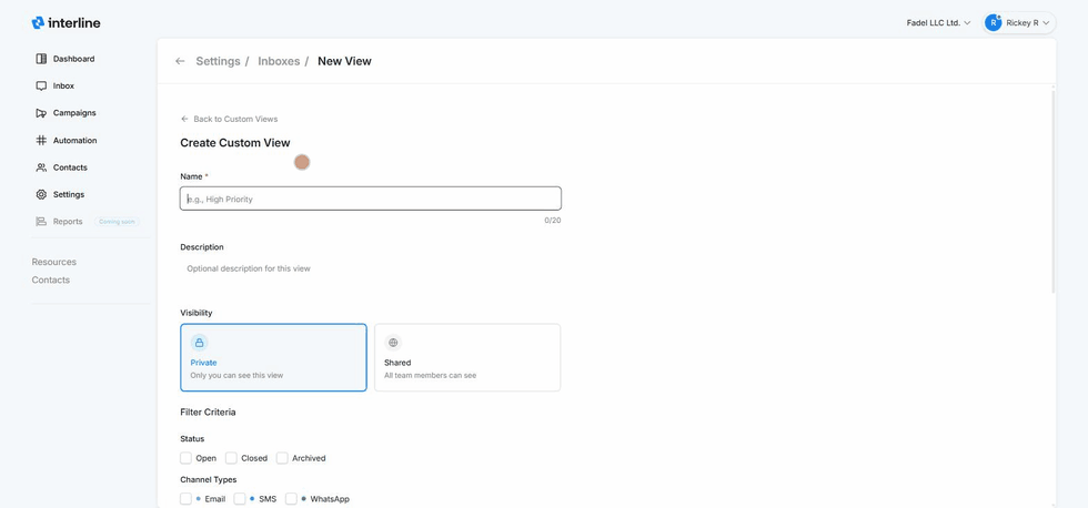 Creating a custom view: name, visibility, and filter criteria