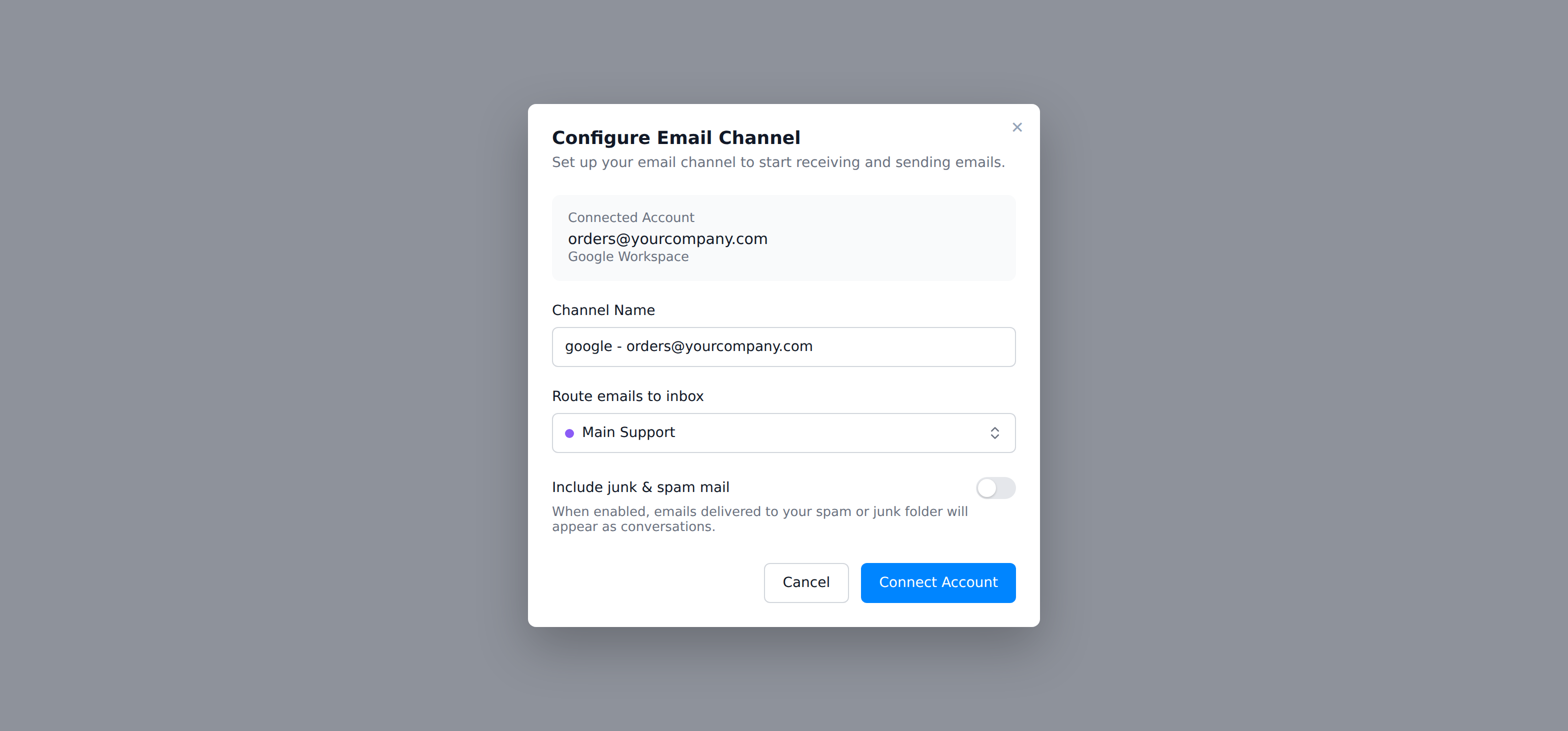 The Configure Email Channel dialog