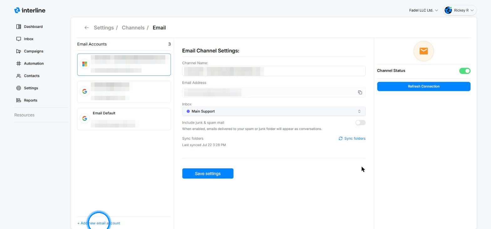 Connecting an account: Add new email account → choose Google or Microsoft → configure the channel