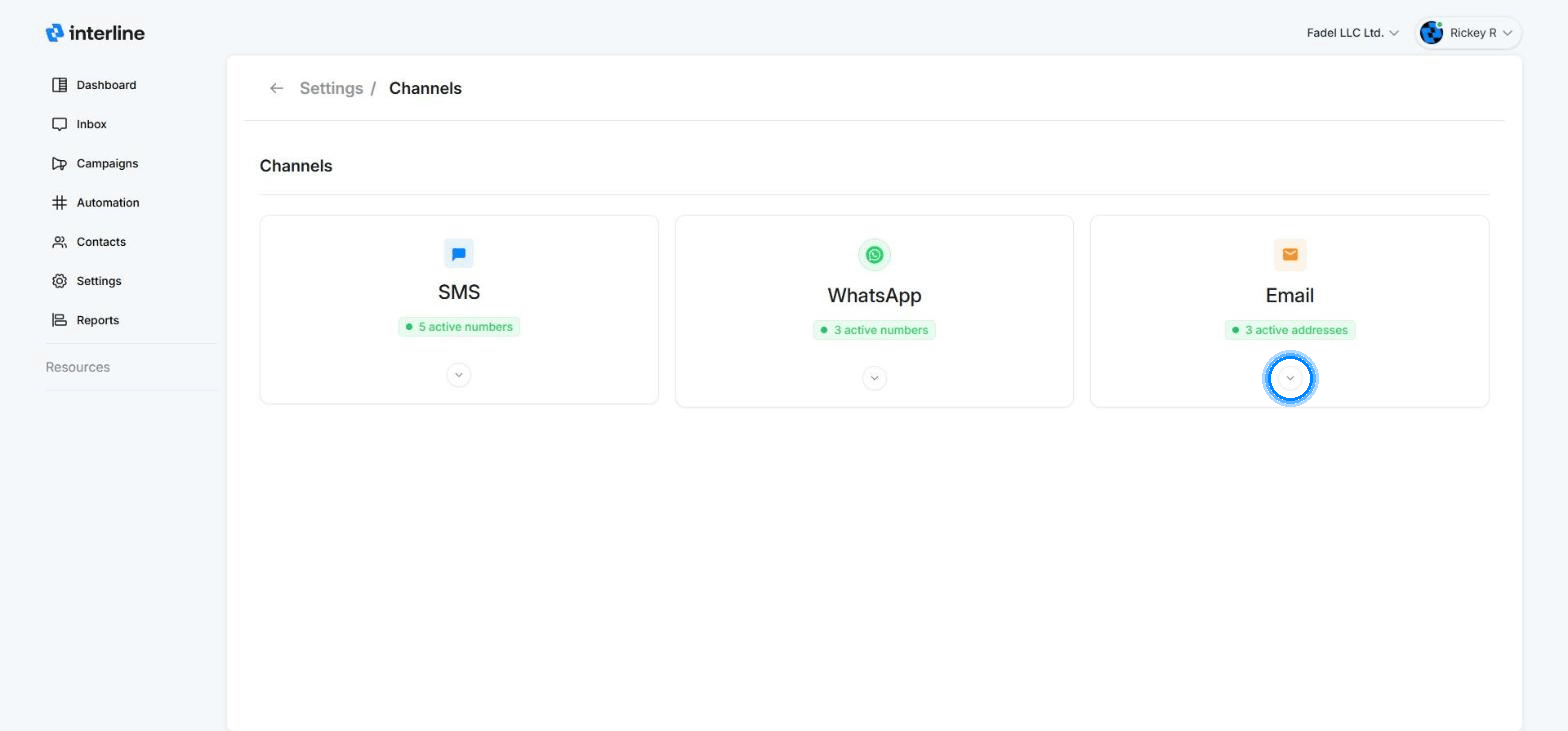 Opening Email settings: Channels page → expand the Email card → Email Settings