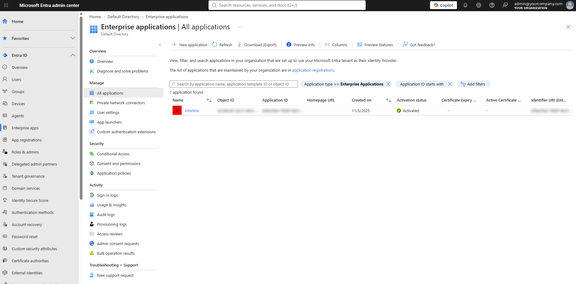 Interline listed under Enterprise applications — Consent and permissions and Admin consent requests are in the same menu