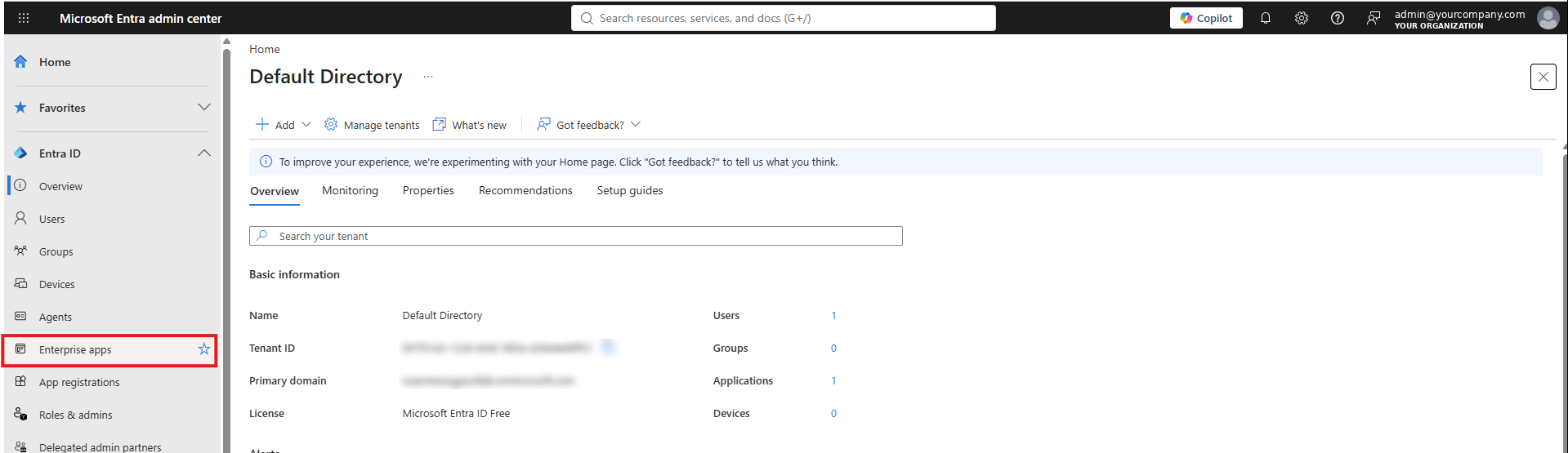 Entra admin center: Entra ID → Enterprise apps in the left menu