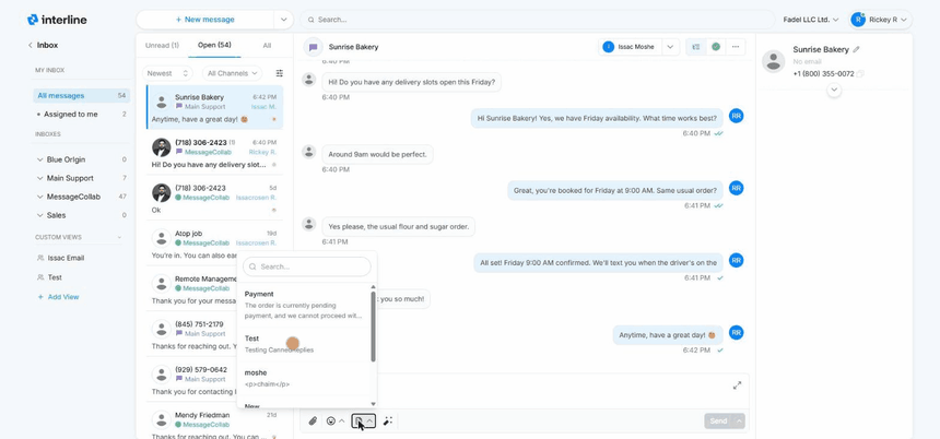 Inserting a canned reply into the editor from the canned-message picker