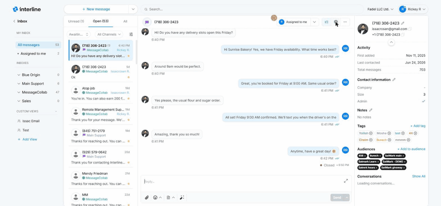 Closing a conversation with the green check removes it from the Open queue