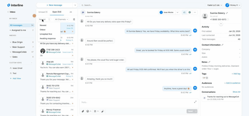 Sorting the Inbox conversation list by Newest, Oldest, and Awaiting response