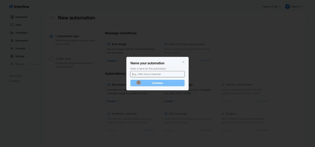 Creating a keyword campaign: trigger word, reply message, and settings