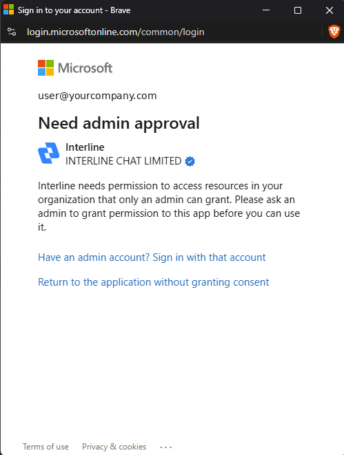 Microsoft's "Need admin approval" screen for Interline