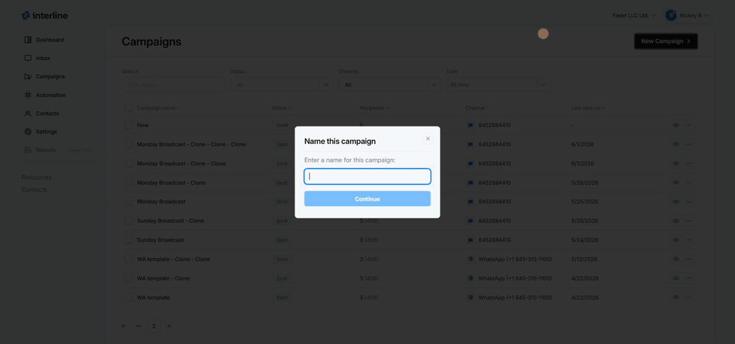 Creating a Broadcast campaign: name, type, channel, audience, message, and review