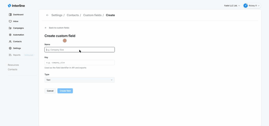 Creating a custom field: name, key, and type