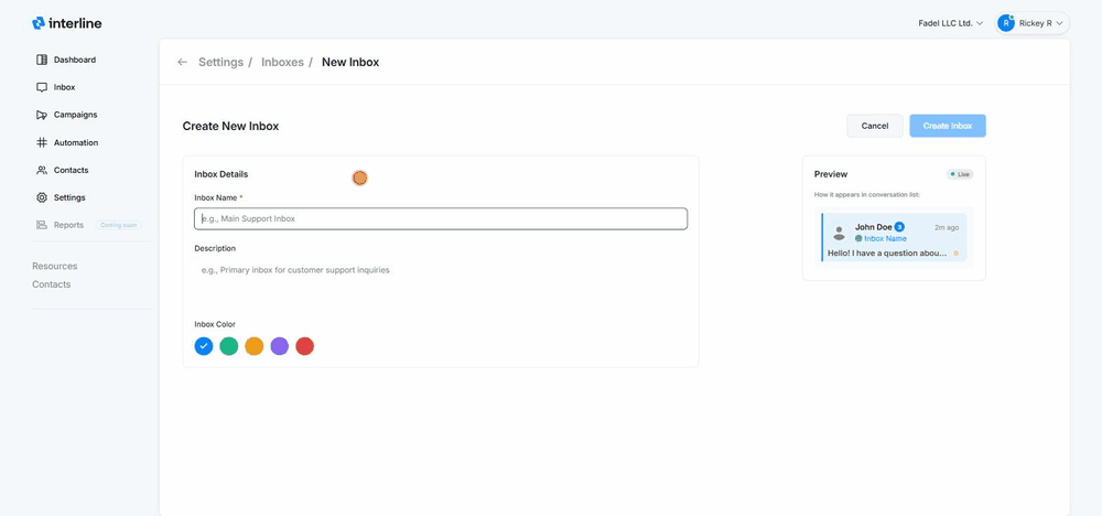 Creating a new inbox: name, description, and color with a live preview