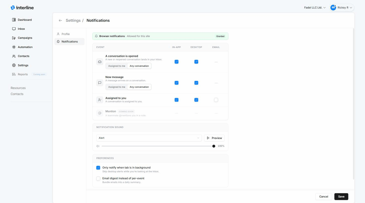 The Notifications settings page: browser-permission banner, the per-event In-app / Desktop / Email matrix, notification sound, and preferences.
