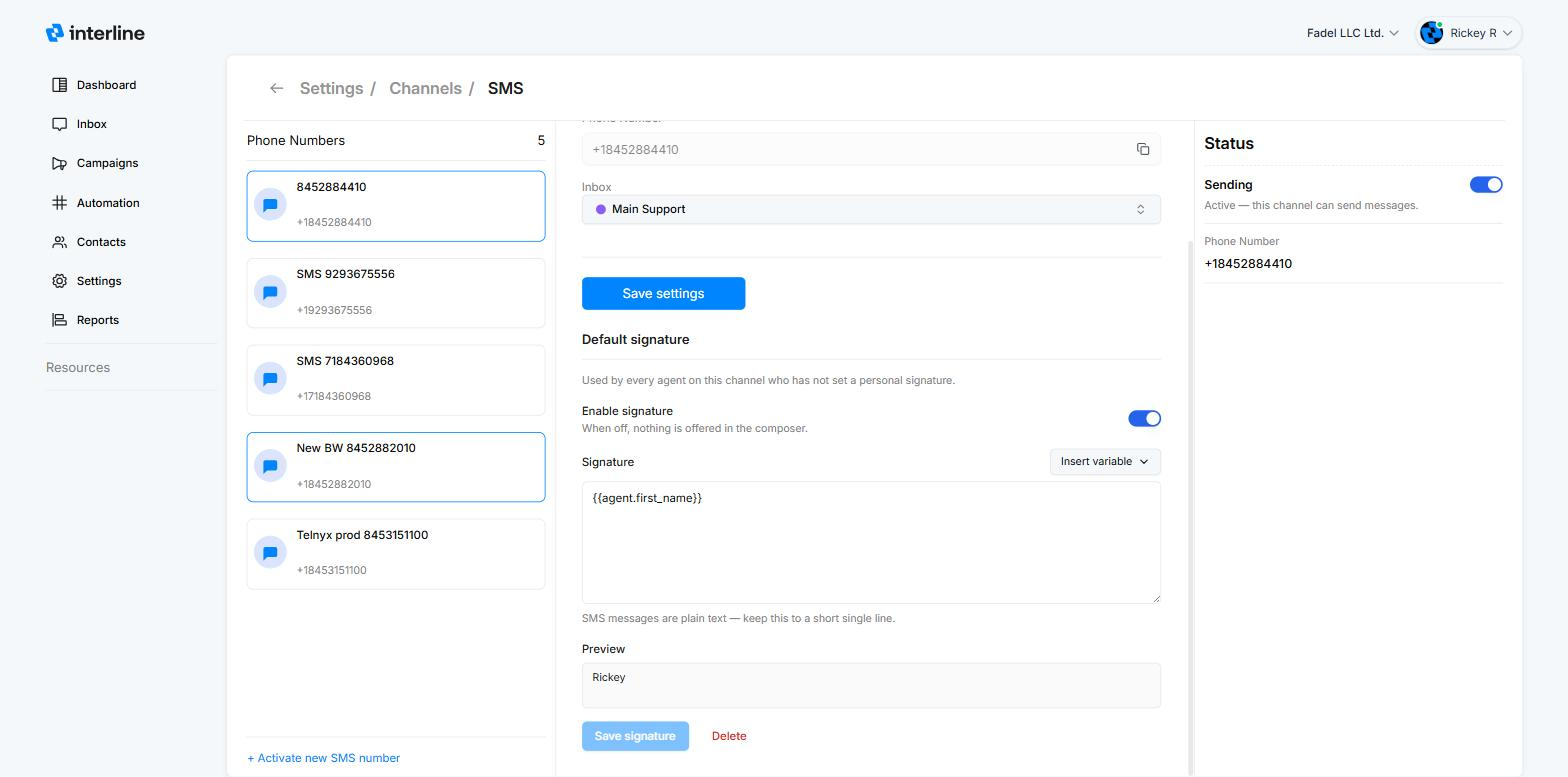 Default signature in a channel's settings