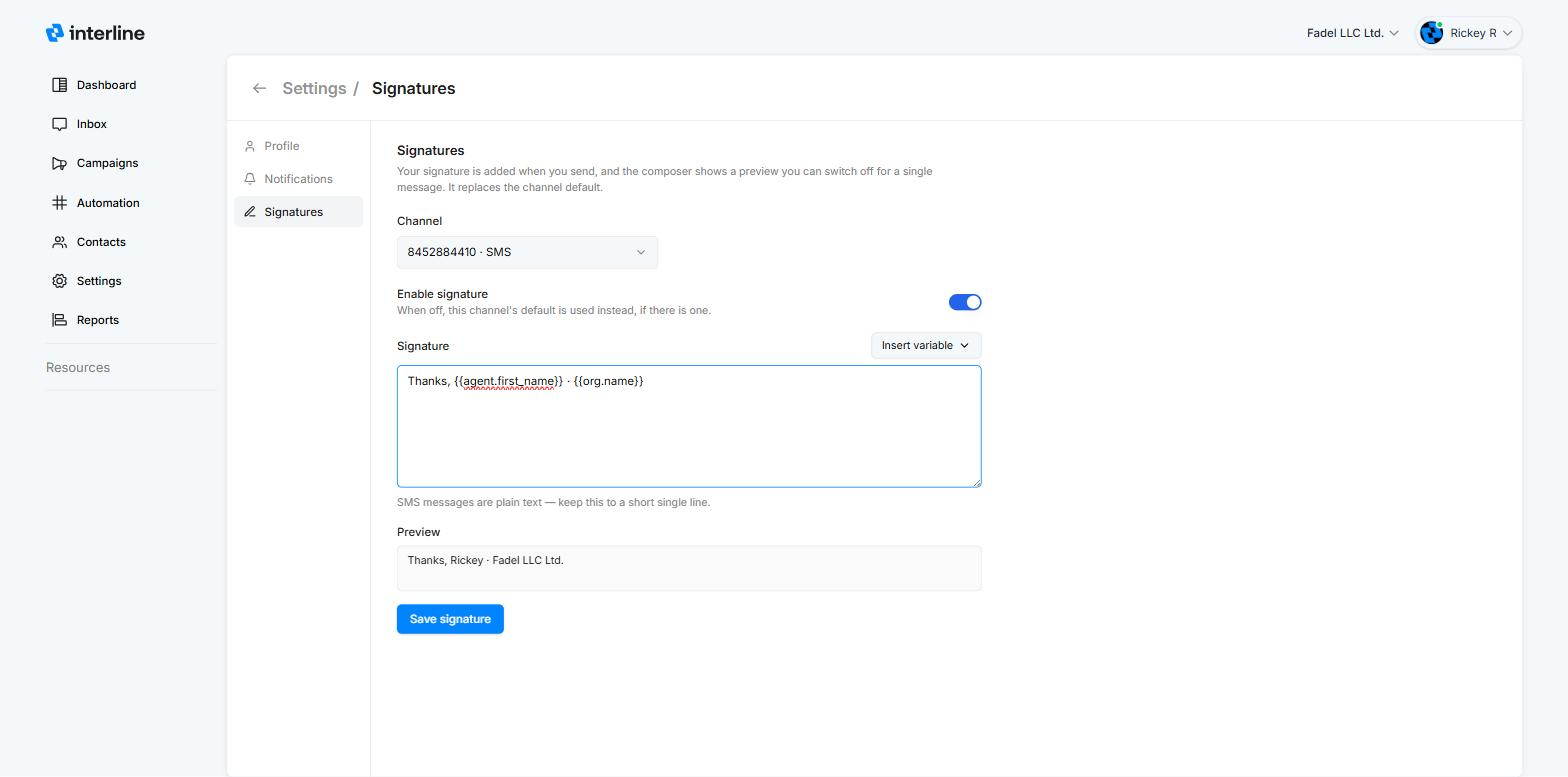 Personal signature settings with a live preview