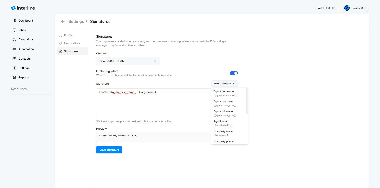 The Insert variable menu in the signature editor