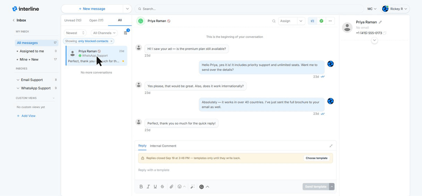 Opening the conversation menu and choosing Unblock contact